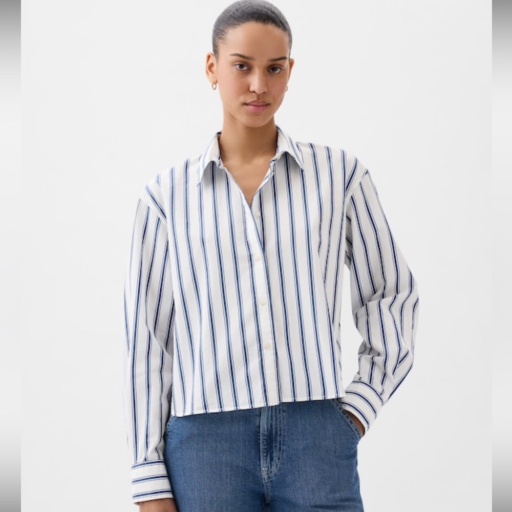 GAP Blue and White Striped Crop 100% Cotton Blouse Shirt